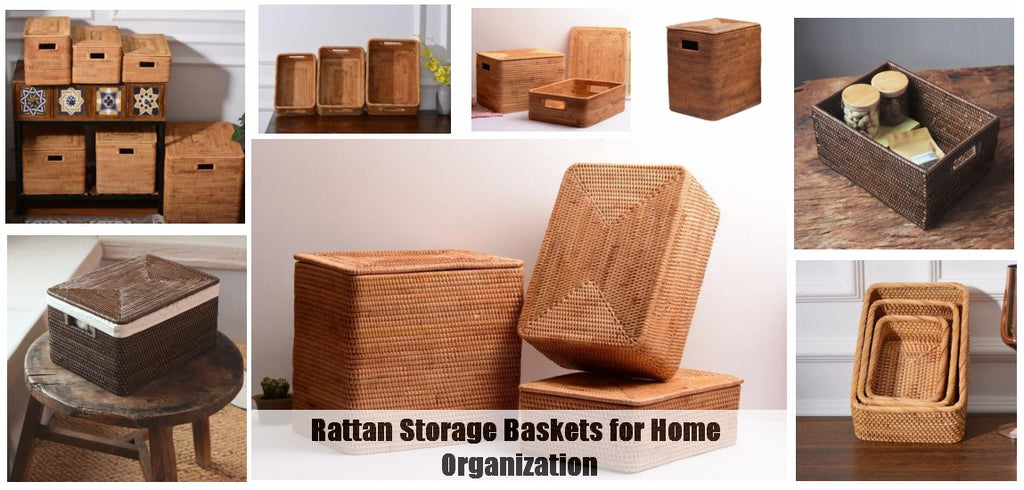 Storage Basket with Lid, Woven Rectangular Storage Baskets, Rattan Storage Baskets for Kitchen, Wicker Storage Basket for Clothes, Storage Baskets for Bathroom