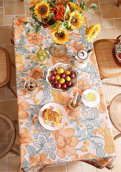 Spring Flower Tablecloth for Round Table, Modern Kitchen Table Cover, Linen Table Cover for Dining Room Table, Simple Modern Rectangle Tablecloth Ideas for Oval Table-ArtWorkCrafts.com