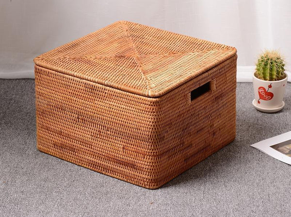Woven Rectangular Storage Baskets, Rattan Storage Basket with Lid, Storage Baskets for Clothes, Extra Large Storage Baskets for Shelves-ArtWorkCrafts.com