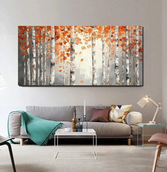 Large Wall Art for Bedroom, Modern Paintings for Living Room, Acrylic Painting on Canvas, Palette Knife Canvas Art, Autumn Birch Tree Painting, Original Canvas Art-ArtWorkCrafts.com