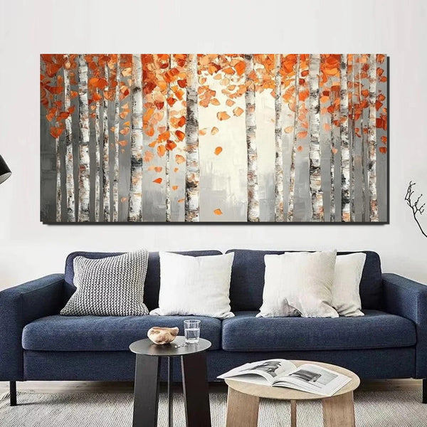 Large Wall Art for Bedroom, Modern Paintings for Living Room, Acrylic Painting on Canvas, Palette Knife Canvas Art, Autumn Birch Tree Painting, Original Canvas Art-ArtWorkCrafts.com