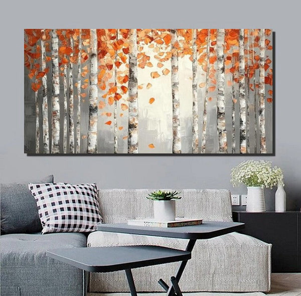 Large Wall Art for Bedroom, Modern Paintings for Living Room, Acrylic Painting on Canvas, Palette Knife Canvas Art, Autumn Birch Tree Painting, Original Canvas Art-ArtWorkCrafts.com