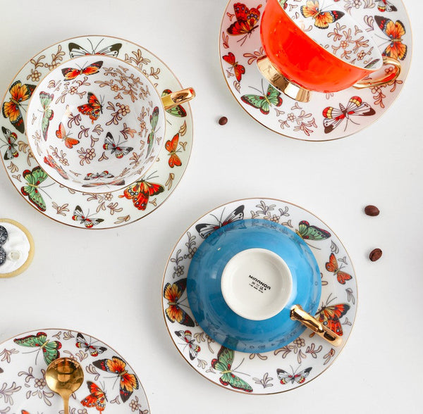 Unique Butterfly Coffee Cups and Saucers, Creative Butterfly Ceramic Coffee Cups, Beautiful British Tea Cups, Creative Bone China Porcelain Tea Cup Set-ArtWorkCrafts.com
