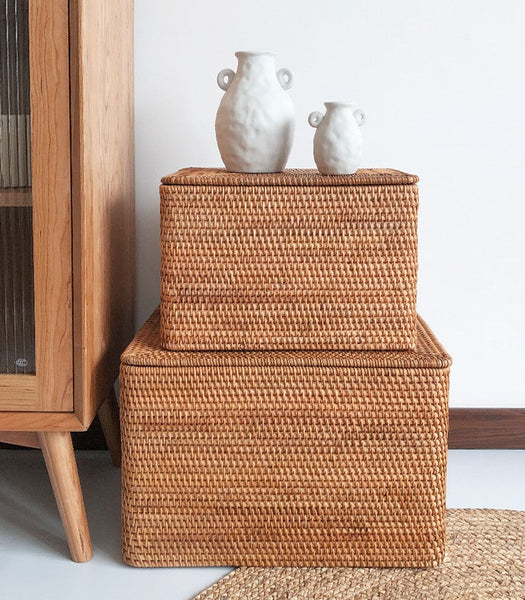 Storage Baskets with Lid, Rectangular Storage Baskets, Storage Baskets for Clothes, Pantry Storage Baskets, Rattan Woven Storage Basket for Bedroom-ArtWorkCrafts.com