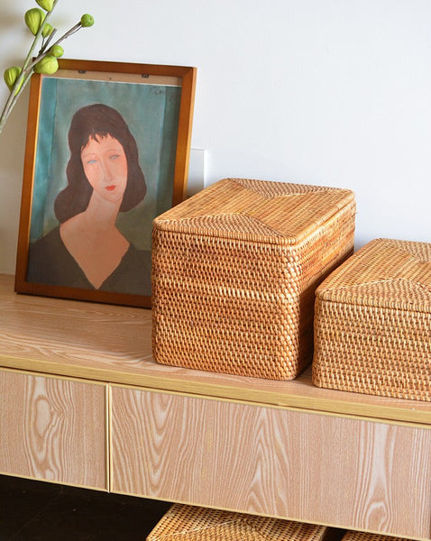Storage Baskets with Lid, Rectangular Storage Baskets, Storage Baskets for Clothes, Pantry Storage Baskets, Rattan Woven Storage Basket for Bedroom-ArtWorkCrafts.com