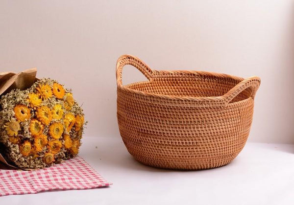 Woven Storage Basket, Kitchen Storage Basket, Large Rattan Basket, Kitchen Storage Ideas, Round Storage Basket-ArtWorkCrafts.com