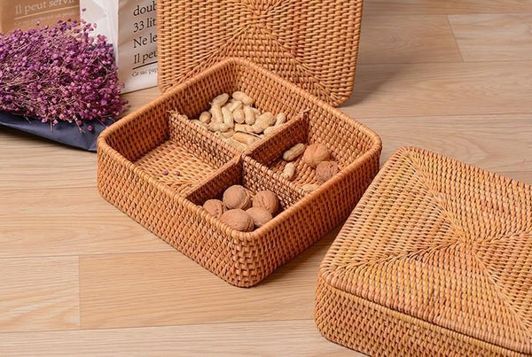 Storage Basket with Lid, Rattan Square Basket, Storage Basket with Lid, Kitchen Storage Baskets-ArtWorkCrafts.com