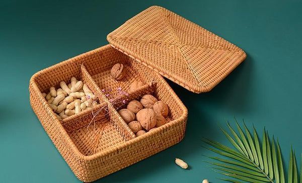 Storage Basket with Lid, Rattan Square Basket, Storage Basket with Lid, Kitchen Storage Baskets-ArtWorkCrafts.com
