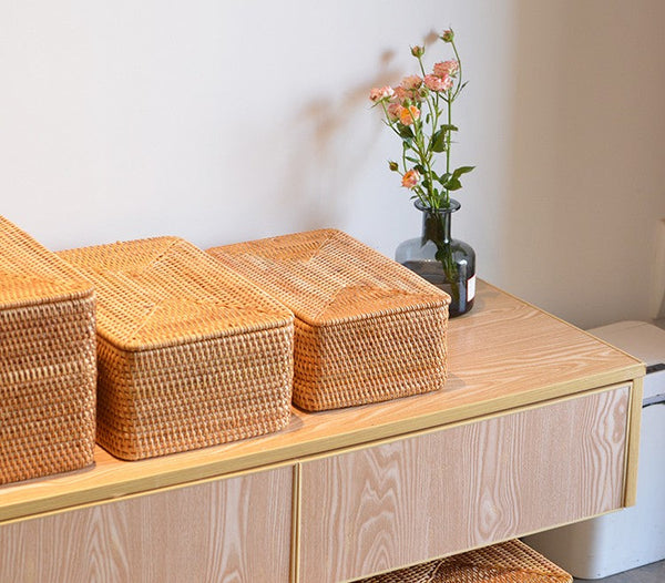 Storage Baskets with Lid, Rectangular Storage Baskets, Storage Baskets for Clothes, Pantry Storage Baskets, Rattan Woven Storage Basket for Bedroom-ArtWorkCrafts.com