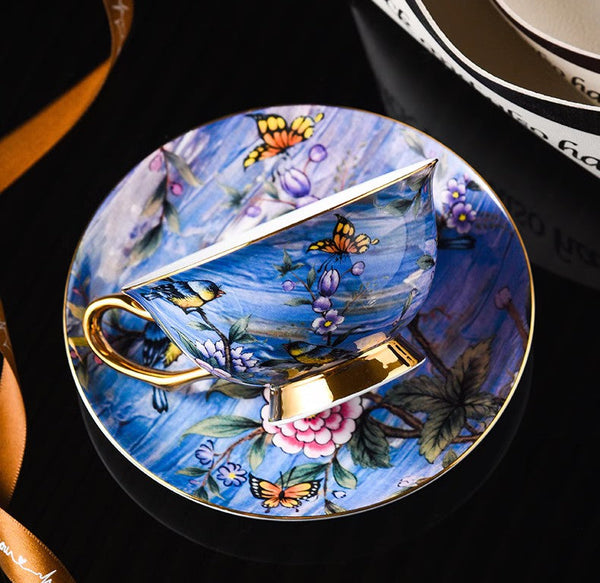 Unique British Tea Cup and Saucer in Gift Box, Blue Bird and Butterfly Bone China Porcelain Tea Cup Set, Elegant British Ceramic Coffee Cups-ArtWorkCrafts.com