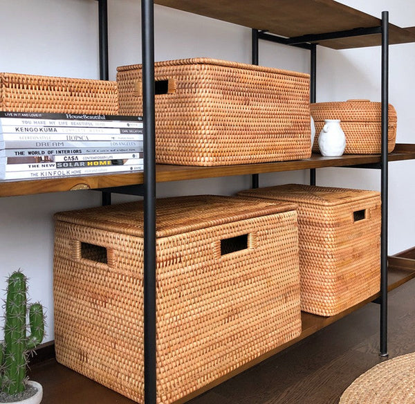 Woven Rectangular Storage Baskets, Rattan Storage Basket with Lid, Storage Baskets for Clothes, Extra Large Storage Baskets for Shelves-ArtWorkCrafts.com