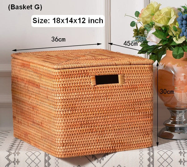 Woven Rectangular Storage Baskets, Rattan Storage Basket with Lid, Storage Baskets for Clothes, Extra Large Storage Baskets for Shelves-ArtWorkCrafts.com