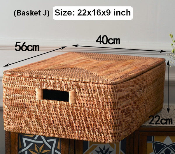 Woven Rectangular Storage Baskets, Rattan Storage Basket with Lid, Storage Baskets for Clothes, Extra Large Storage Baskets for Shelves-ArtWorkCrafts.com