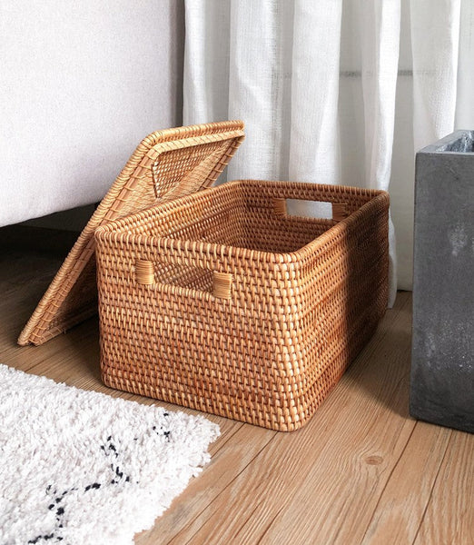 Woven Rectangular Storage Baskets, Rattan Storage Basket with Lid, Storage Baskets for Clothes, Extra Large Storage Baskets for Shelves-ArtWorkCrafts.com