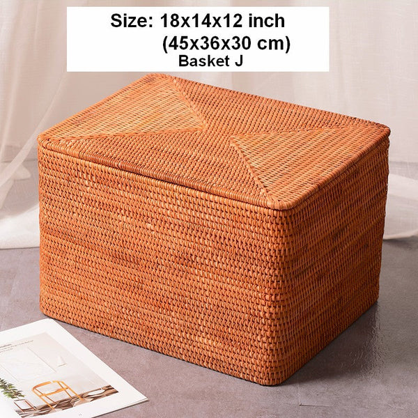 Storage Baskets with Lid, Rectangular Storage Baskets, Storage Baskets for Clothes, Pantry Storage Baskets, Rattan Woven Storage Basket for Bedroom-ArtWorkCrafts.com