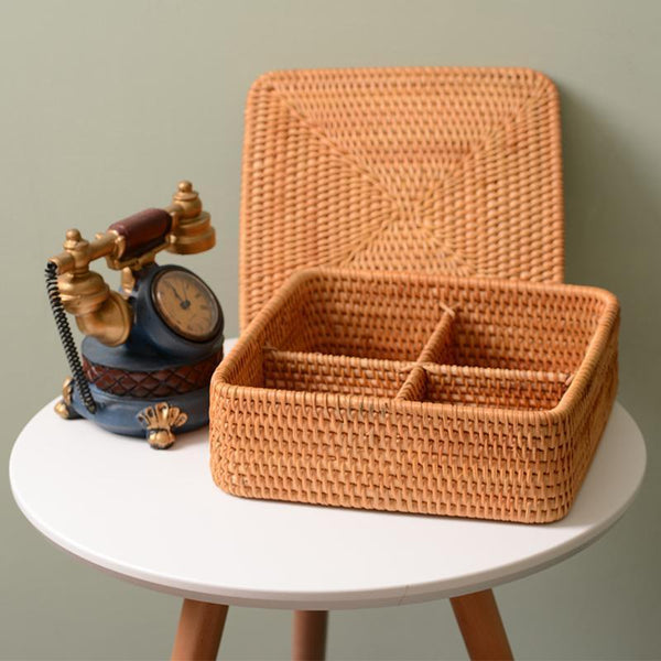 Storage Basket with Lid, Rattan Square Basket, Storage Basket with Lid, Kitchen Storage Baskets-ArtWorkCrafts.com