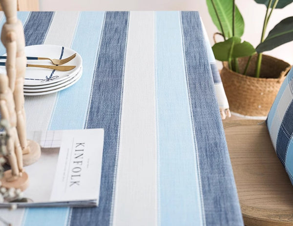 Rectangular Table Covers for Coffee Table, Blue Stripe Rectangular Tablecloth for Oval Table, Cotton and Linen Tablecloths, Modern Table Cloths for Dining Room-ArtWorkCrafts.com