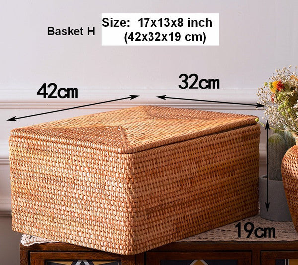 Storage Baskets with Lid, Rectangular Storage Baskets, Storage Baskets for Clothes, Pantry Storage Baskets, Rattan Woven Storage Basket for Bedroom-ArtWorkCrafts.com
