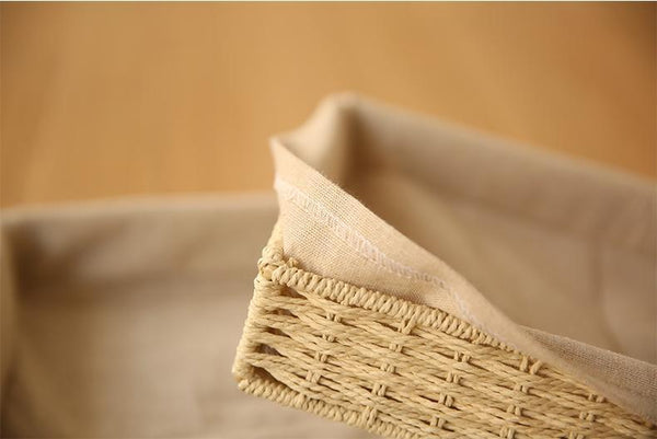 Woven Straw Storage Basket with Linen Lining, Storage Basket for Food, Rectangle Storage Basket for Kitchen-ArtWorkCrafts.com