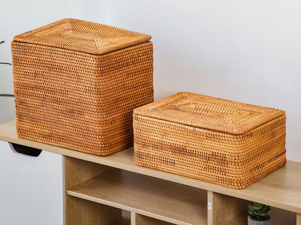 Storage Baskets with Lid, Rectangular Storage Baskets, Storage Baskets for Clothes, Pantry Storage Baskets, Rattan Woven Storage Basket for Bedroom-ArtWorkCrafts.com