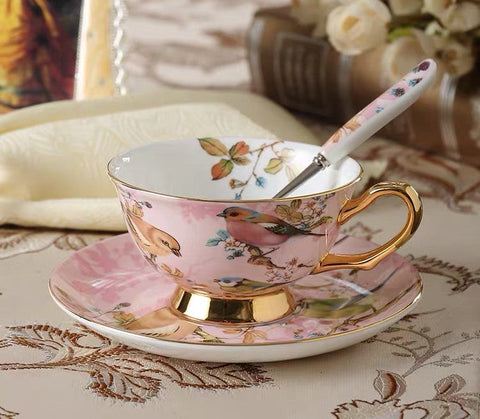 Elegant Ceramic Coffee Cups, Beautiful British Tea Cups, Bird Bone China Porcelain Tea Cup Set, Tea Cups and Saucers in Gift Box as Birthday Gift-ArtWorkCrafts.com