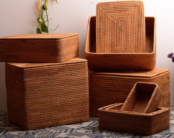 Woven Storage Baskets, Rectangular Storage Basket with Lid, Large Storage Basket for Clothes, Storage Baskets for Shelves, Kitchen Storage Baskets-ArtWorkCrafts.com