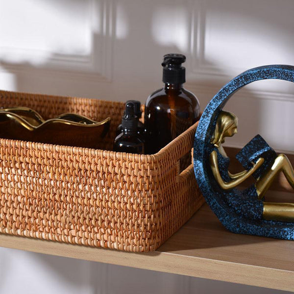 Large Woven Rattan Storage Basket, Rectangular Basket with Handle, Storage Baskets for Living Room-ArtWorkCrafts.com