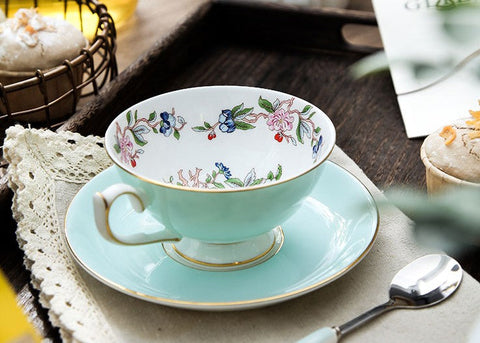 Elegant Sky Green Ceramic Cups, Unique Royal Coffee Cup and Saucer, Creative Bone China Porcelain Tea Cup Set, Beautiful British Tea Cups-ArtWorkCrafts.com