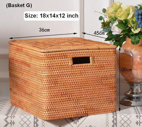 Laundry Storage Baskets for Bathroom, Rectangular Storage Baskets for Clothes, Wicker Storage Baskets for Shelves, Rattan Storage Baskets for Kitchen, Storage Basket with Lid-ArtWorkCrafts.com