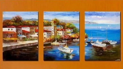 Mediterranean Sea, Boat Painting, Canvas Painting, Wall Art, Landscape Painting, Modern Art, 3 Piece Wall Art, Abstract Painting, Wall Hanging-ArtWorkCrafts.com