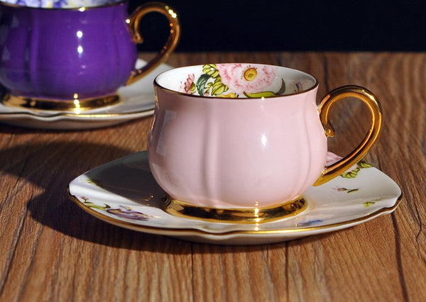 Unique Coffee Cup and Saucer in Gift Box as Birthday Gift, Elegant Pink Ceramic Cups, Beautiful British Tea Cups, Creative Bone China Porcelain Tea Cup Set-ArtWorkCrafts.com