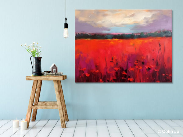 Simple Modern Art, Original Landscape Painting, Landscape Paintings for Living Room, Poppy Filed Canvas Paintings, Large Wall Art Paintings-ArtWorkCrafts.com