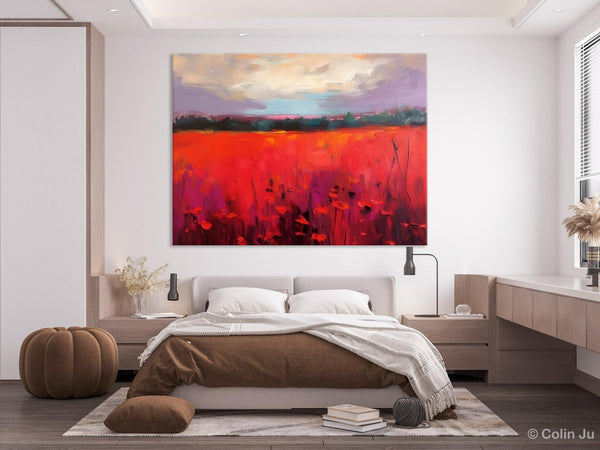 Simple Modern Art, Original Landscape Painting, Landscape Paintings for Living Room, Poppy Filed Canvas Paintings, Large Wall Art Paintings-ArtWorkCrafts.com