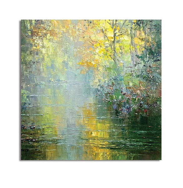 Abstract Landscape Painting, Forest Tree by the River, Landscape Canvas Painting, Simple Modern Wall Art Paintings for Living Room, Large Landscape Paintings-ArtWorkCrafts.com