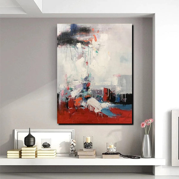Simple Wall Art Ideas, Red Modern Abstract Painting, Dining Room Abstract Paintings, Buy Art Online, Large Acrylic Canvas Paintings-ArtWorkCrafts.com