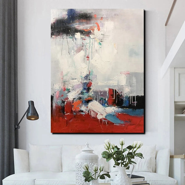 Simple Wall Art Ideas, Red Modern Abstract Painting, Dining Room Abstract Paintings, Buy Art Online, Large Acrylic Canvas Paintings-ArtWorkCrafts.com