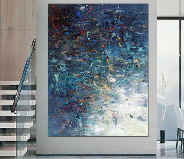 Extra Large Paintings for Living Room, Hand Painted Wall Art Paintings, Blue Abstract Acrylic Painting, Modern Abstract Art for Dining Room-ArtWorkCrafts.com
