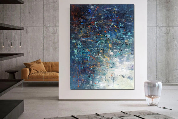 Extra Large Paintings for Living Room, Hand Painted Wall Art Paintings, Blue Abstract Acrylic Painting, Modern Abstract Art for Dining Room-ArtWorkCrafts.com