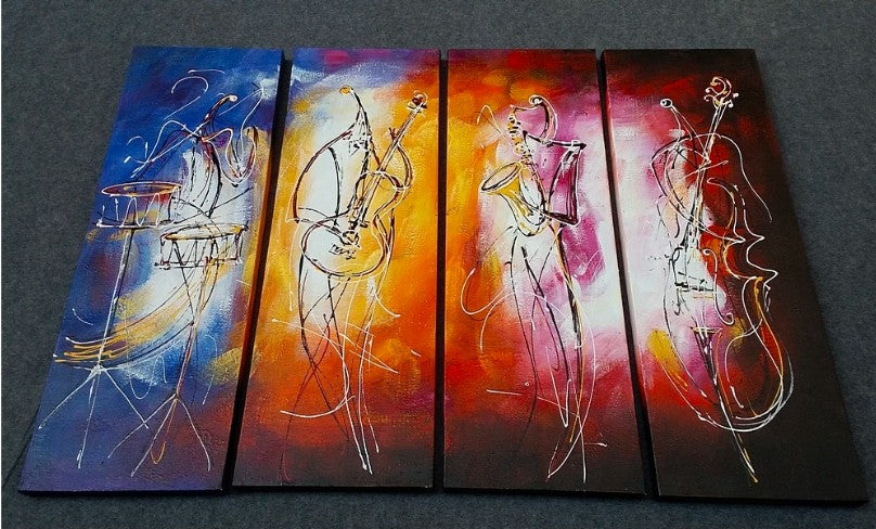 Painting Samples of Music Player Painting, 4 Panel Group Wall Art, Extra Large Canvs Painting for Bedroom, Hand Painted Canvas Art, Simple Abstract Wall Art