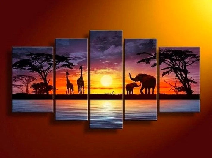 African Art, Elephant Sunset Artwork, Extra Large Painting, 5 Piece Canvas Painting