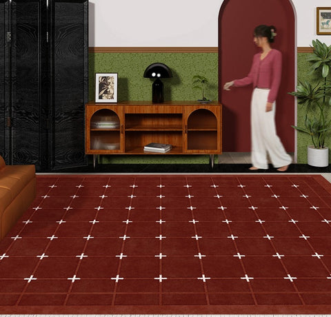 Geometric Contemporary Modern Carpets Next to Bed, Abstract Area Rugs for Living Room, Mid Century Red Rugs under Dining Room Table