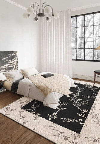 Contemporary Floor Carpets for Living Room, Large Modern Rugs for Sale, Dining Room Modern Rugs, Black Flower Pattern Geometric Modern Rugs in Bedroom