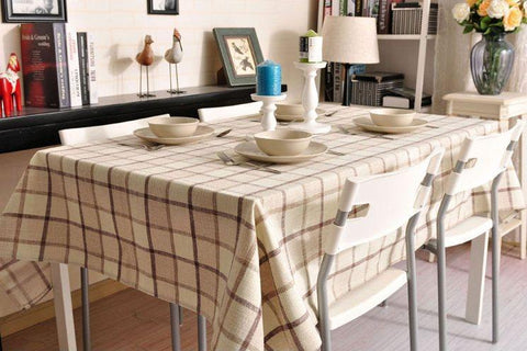 Rustic Wedding Tablecloth, Checked Tablecloth for Home Decoration, Table Cover, Beige Color Checkerboard Linen Tablecloth-ArtWorkCrafts.com