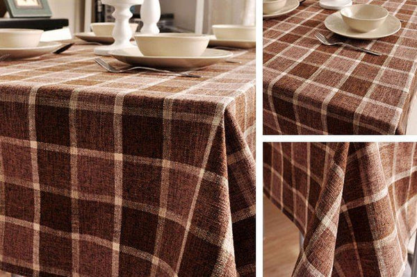 Modern Brown Table Cover for Home Decoration, Brown Checked Linen Tablecloth, Rustic Wedding , Checkerboard Tablecloth-ArtWorkCrafts.com