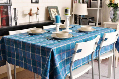 Modern Blue Table Cover, Blue Checked Linen Tablecloth, Rustic Home Decor, Checkerboard Tablecloth for Dining Room Table-ArtWorkCrafts.com