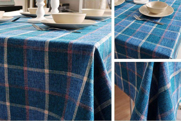 Modern Blue Table Cover, Blue Checked Linen Tablecloth, Rustic Home Decor, Checkerboard Tablecloth for Dining Room Table-ArtWorkCrafts.com