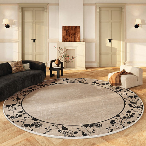 Flower Pattern Round Carpets under Coffee Table, Contemporary Round Rugs for Dining Room, Circular Modern Rugs for Living Room, Modern Area Rugs for Bedroom-ArtWorkCrafts.com