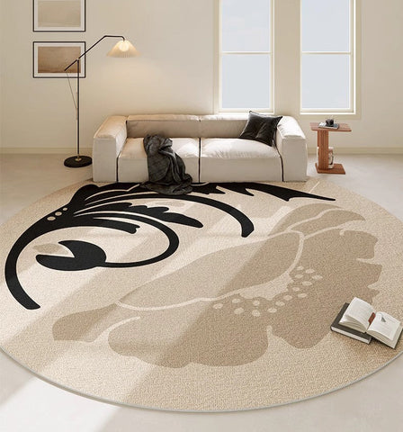 Dining Room Round Rugs, Modern Area Rugs under Coffee Table, Round Modern Rugs, Flower Pattern Abstract Contemporary Area Rugs, Modern Rugs in Bedroom-ArtWorkCrafts.com