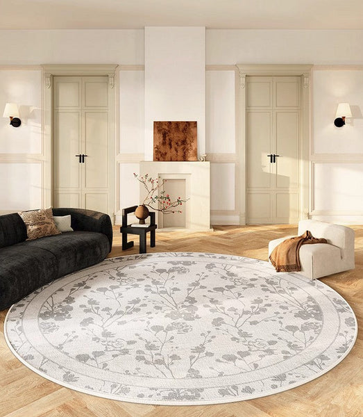 Modern Area Rugs for Bedroom, Flower Pattern Round Carpets under Coffee Table, Contemporary Round Rugs for Dining Room, Circular Modern Rugs for Living Room-ArtWorkCrafts.com