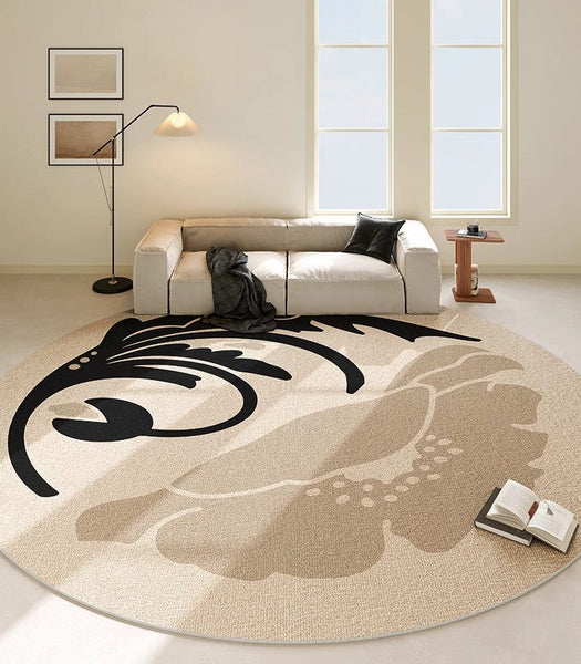 Dining Room Round Rugs, Modern Area Rugs under Coffee Table, Round Modern Rugs, Flower Pattern Abstract Contemporary Area Rugs, Modern Rugs in Bedroom-ArtWorkCrafts.com